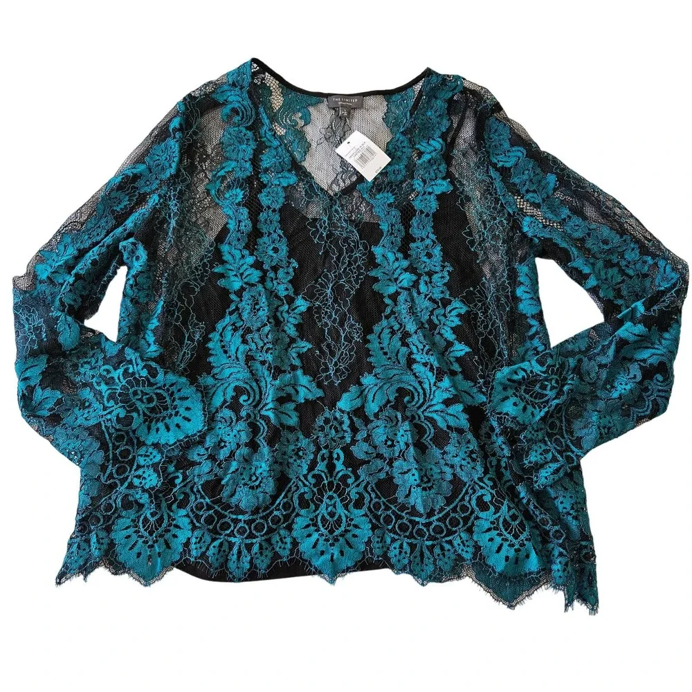 NWT The Limited Sz L Turquois & Black Lace Fairy Whimsigoth Sheer V-neck Blouse‎